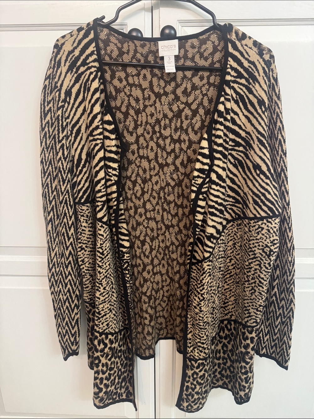Chico's Mixed Animal Print Open Cardigan in Tan and Black Size XL 100% cotton